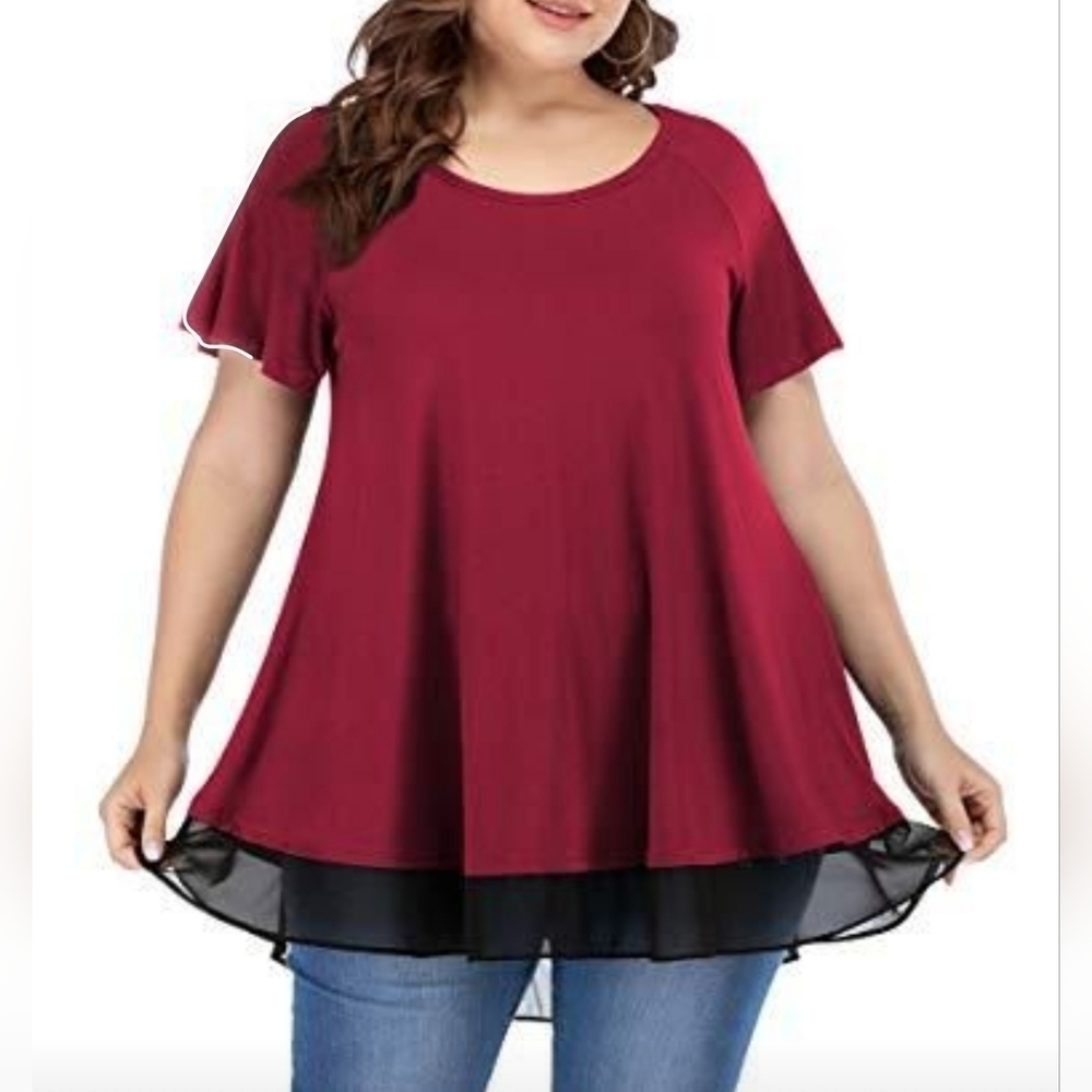 Women's Round Neck Short Sleeve Flowy Chiffon Loose Fit Tunic Top, Red/Black, L